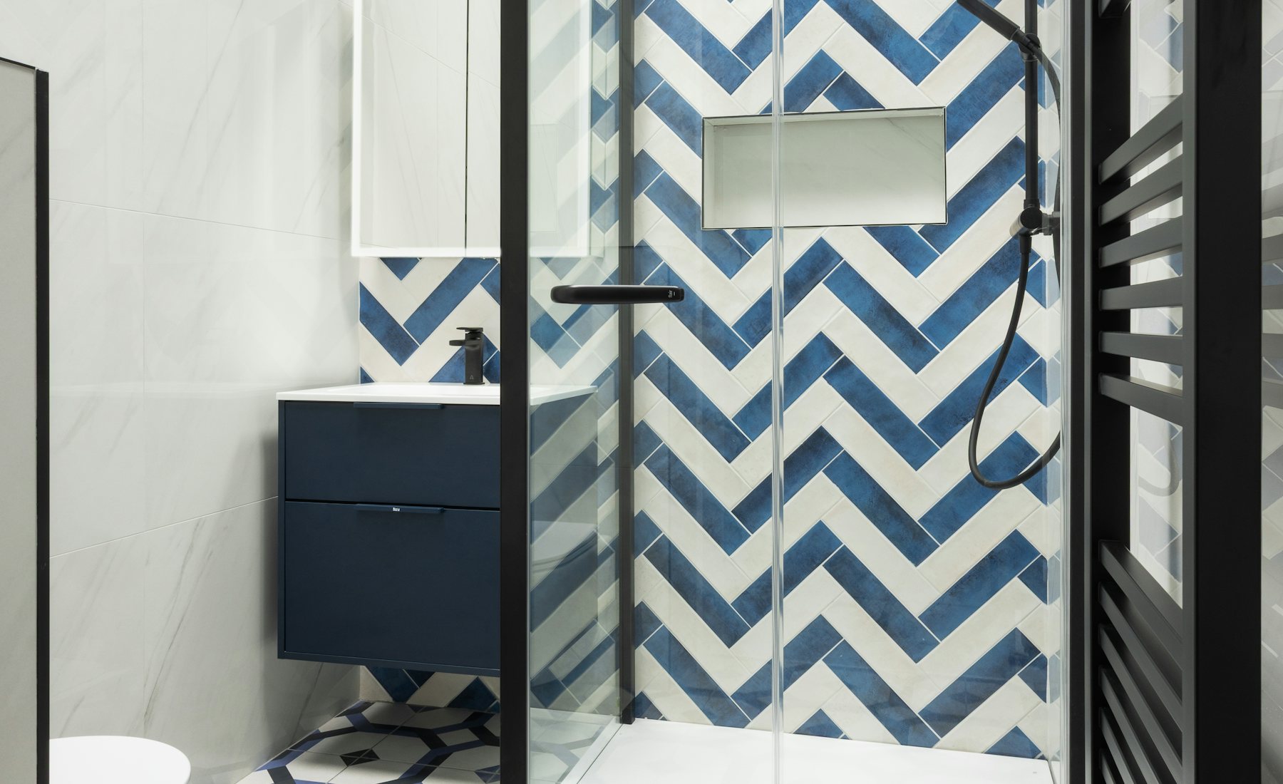 Blue chevron shower wall