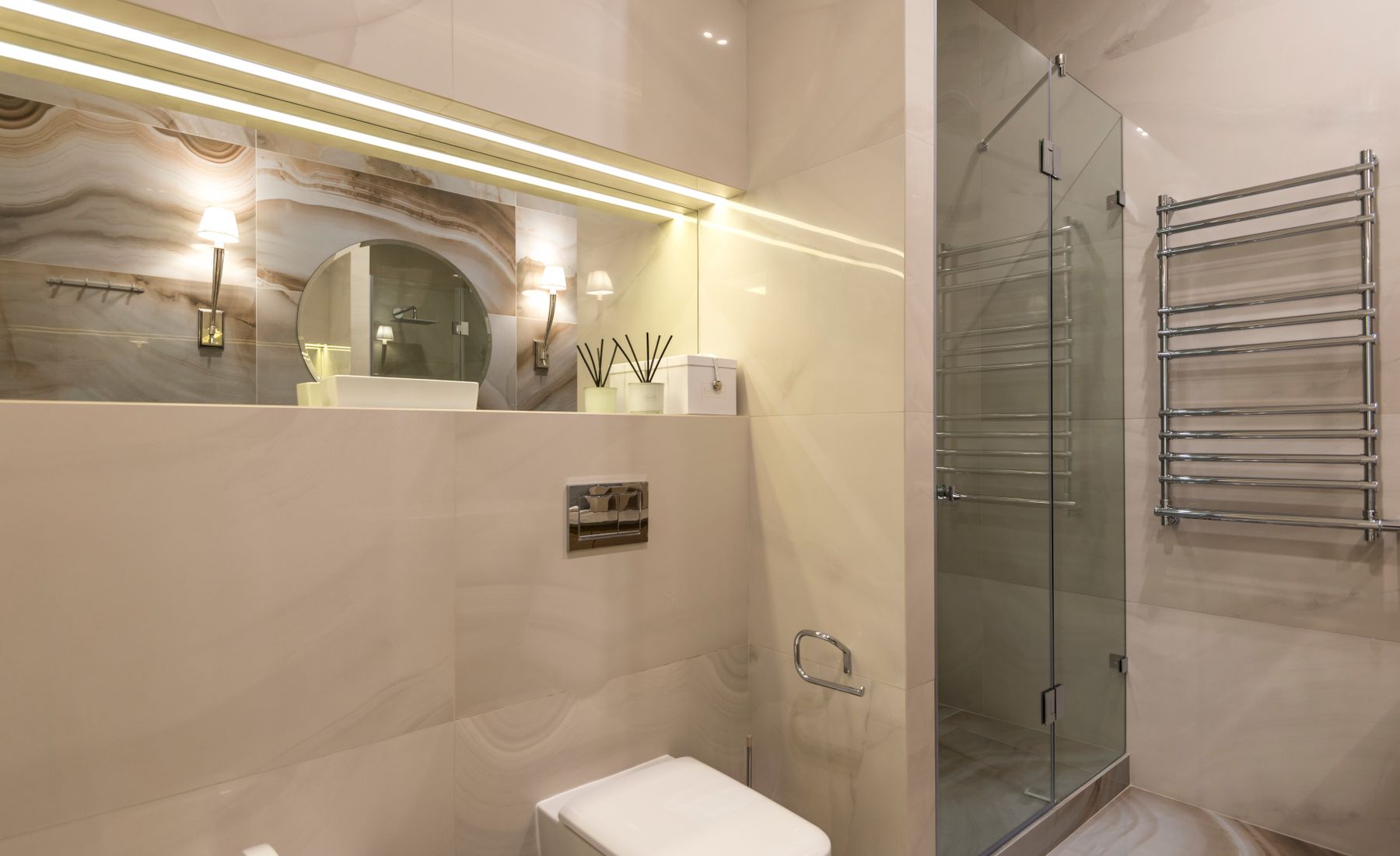 Large marble-look porcelain walls