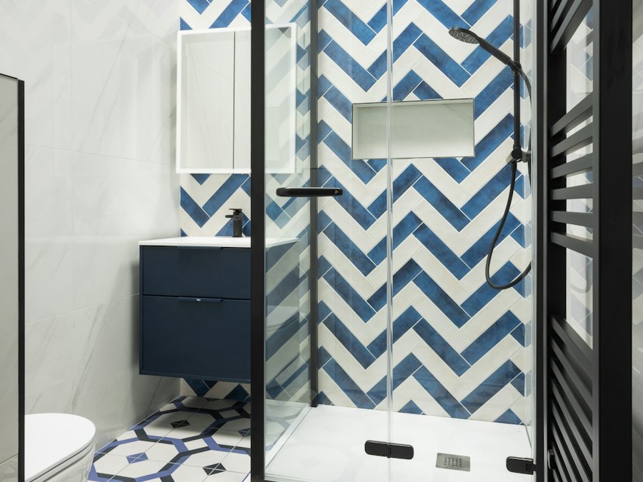 Blue chevron shower wall
